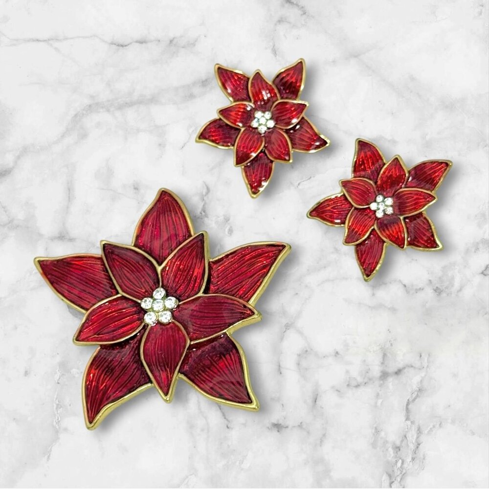 Vintage Eisenberg Ice Poinsettia Brooch/Clip Earrings Set - Like New Condition